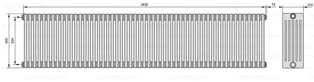 Схема (чертеж) Радиатор Zehnder Charleston 6090/53 №1270 Белый глянцевый RAL 9016